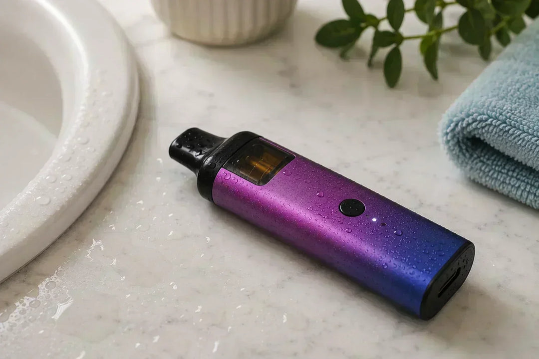 Purple and blue vape device on a wet bathroom counter